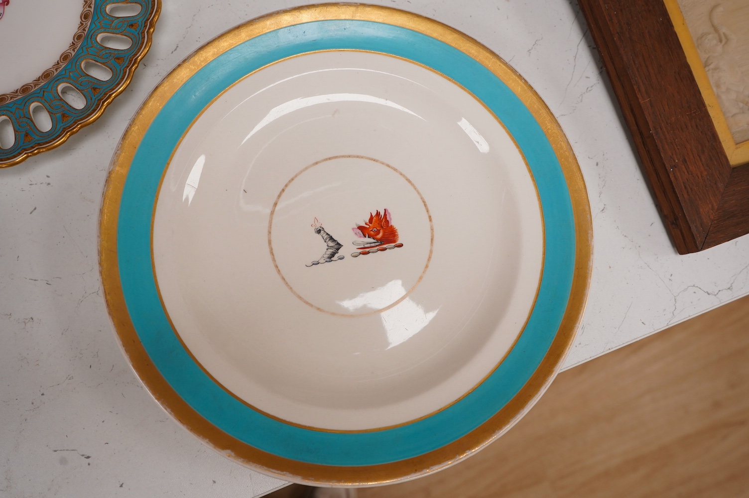 Five mixed 19th and 20th century armorial plates, including Royal Worcester, Spode and a Nelson Rockefeller collectors plate, largest 27cm diameter. Condition - two have gilded bands worn and one scratches to green glazi